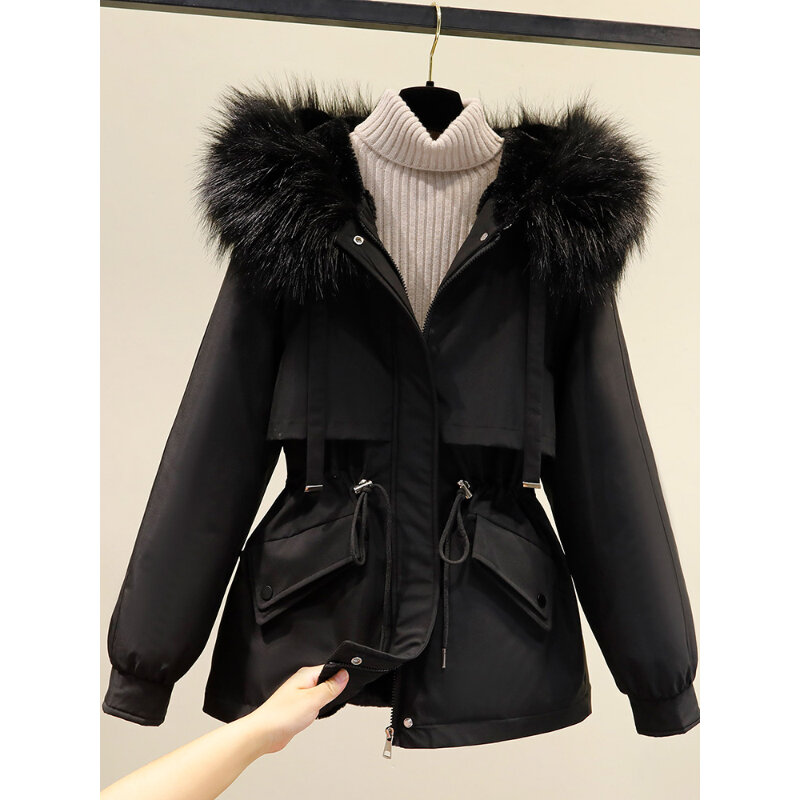 2023 Women's Fall Winter Cotton Jackets Korean Style Solid Color Hooded Outerwear Thick Thermal Windproof Office Lady Overcoat