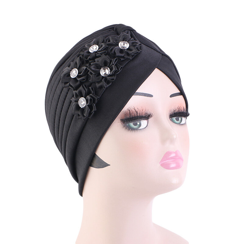 Bonnet plissé avec tête de fleur en biscuits pour femme, bonnet de fête de mariage, turban musulman islamique à volants élastiques, casquette chimio ronde, Nigeria, nouveau