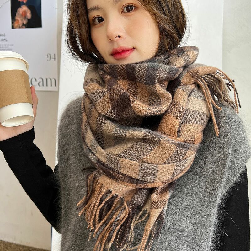 2022 new fringe scarf female winter lattice thickened student couple scarf faux cashmere warm shawl