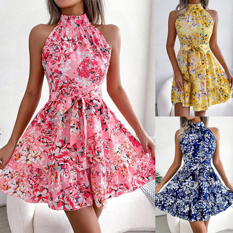 Mini jupe fleurie pour femmes, robe à la taille, col licou, mode fille, été 2024
