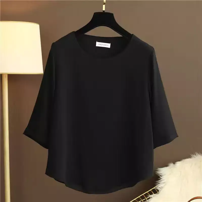 Yuqi oversized M-5XL solto curto-mangas compridas chiffon mulheres blusas o-pescoço blusa 2022 verão sólido casual tops moda feminina camisas
