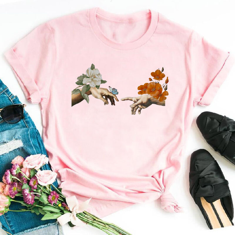 Estética feminina Rosa Estampada Camiseta, Camiseta Preta Feminina, Tops da Moda Feminina, Anos 90 Senhoras Harajuku, O-Pescoço, Michelangelo