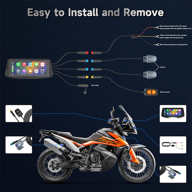 Spedal-CarPlay motocicleta sem fio, Android Auto, GPS, câmeras duplas, gravação Loop, monitoramento da pressão dos pneus, 6.86 ", 1080p, CL876