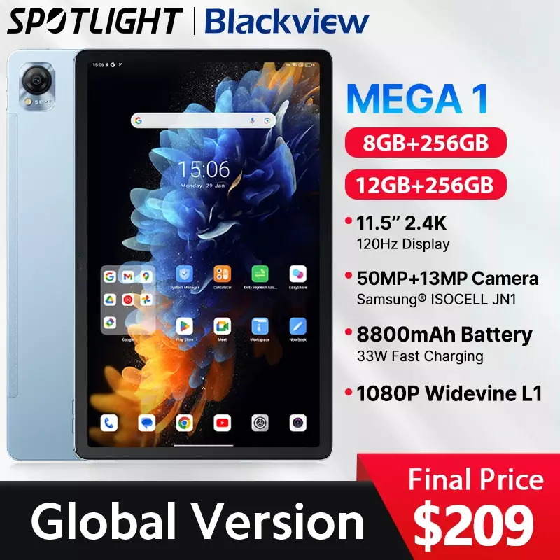 【World Premiere】Blackview MEGA 1 11.5 inch 2.4K 120Hz Display 8GB/12GB 256GB 50MP+13MP Camera 33W Fast Charging 8800mAh Battery