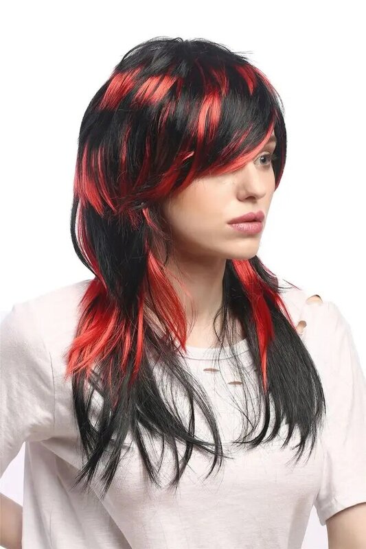 Wig Halloween wanita, rambut palsu hitam merah bergaris-garis panjang halus