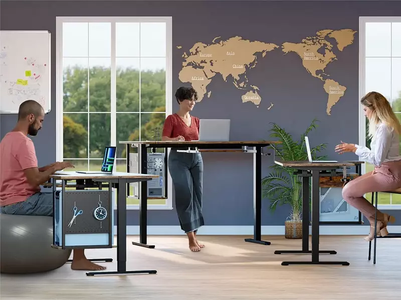 Escritorio de pie de altura ajustable, escritorio eléctrico en forma de L para oficina en casa, soporte para sentarse con bandeja para teclado
