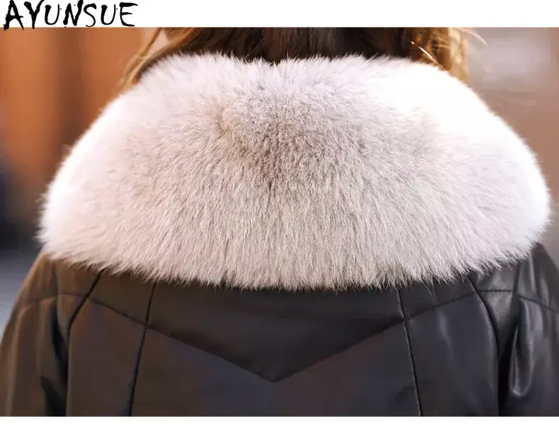 AYUNSUE-Chaqueta de cuero auténtico para Mujer, Abrigo de piel de oveja auténtica, cuello de piel de zorro de lujo, abrigos holgados de plumas de ganso blanco, Abrigo para Mujer