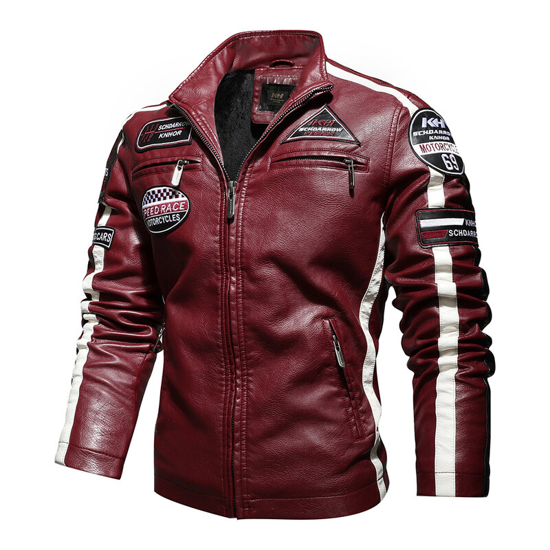 Мужская винтажная мотоциклетная куртка, новая Байкерская кожаная куртка, Мужская куртка-бомбер с вышивкой, зимнее флисовое пальто из искусственной кожи, 2024