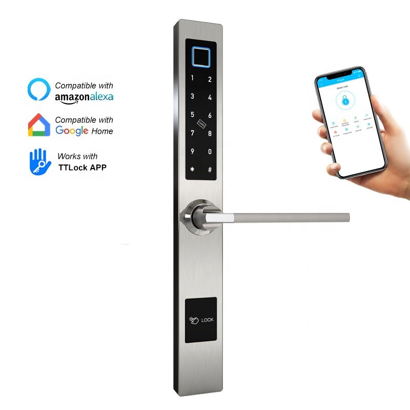 TTlock kunci pintu gaya Eropa, kunci pintu pintar elektronik sidik jari gigi biru tahan air untuk pintu kaca aluminium