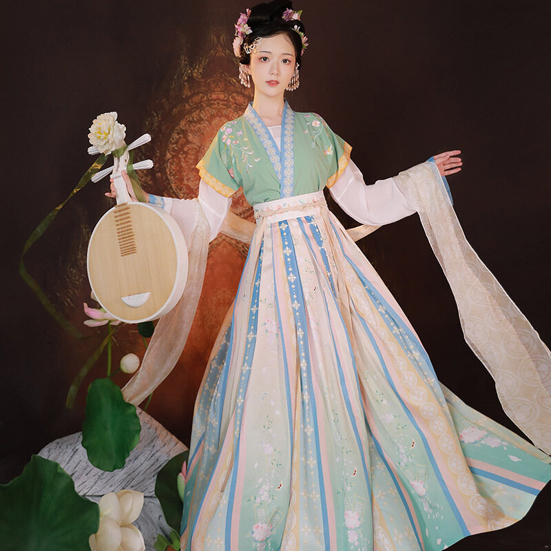 Hanfu تنورة أنثى مطوي ، Hanfu تانغ الأصلي نصف كم ، طول الخصر ، بدلة براقة خمر