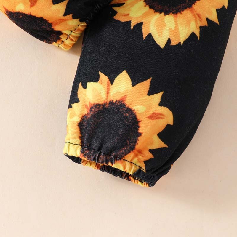 Pakaian bayi perempuan, 3 buah Set 0-18 bulan musim gugur lengan panjang cetak bunga matahari celana Bodysuit huruf dengan pakaian bandana