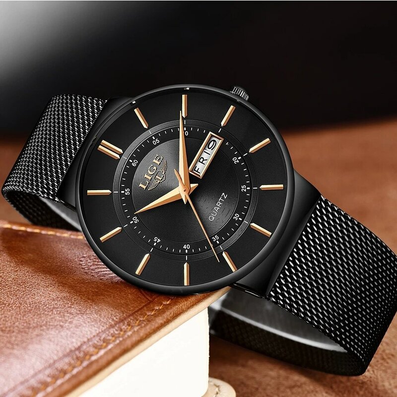 LIGE jam tangan Ultra tipis pria, arloji olahraga tanggal kasual Quartz 2024 untuk lelaki