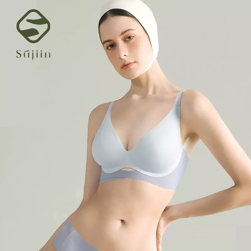 Sujiin Cross-folding Sexy Seamless Bra for Women Cat Mouth Soft Support Fixed Cup Plunge Push Up Bras Female Underwear MX102G2