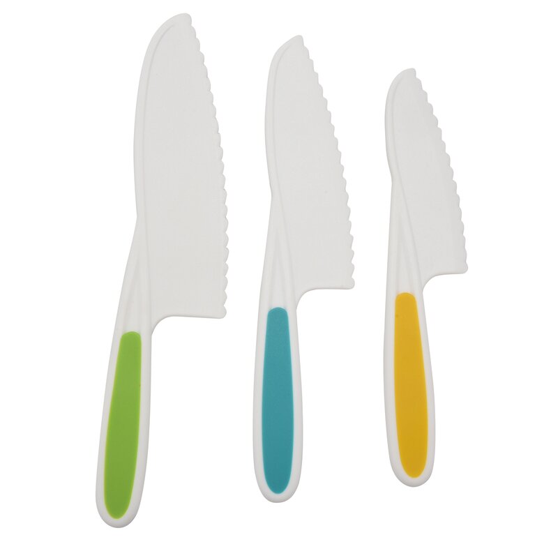 Juego de cuchillos de cocina de nailon para niños, cuchillos de cocina para hornear, agarre firme, bordes dentados, 3 piezas