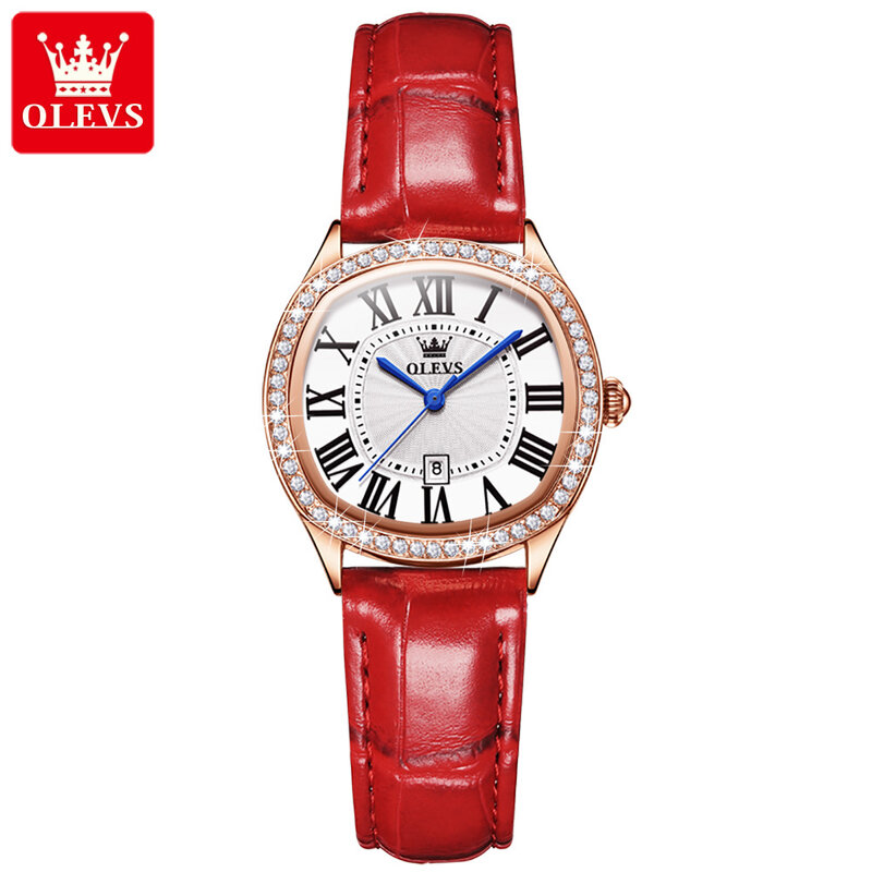 Olevs-女性の防水ダイヤモンドクォーツ時計、革腕時計、カレンダー、高級、ブランドファッション、ギフト