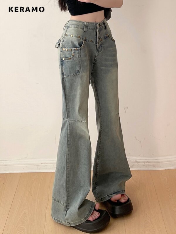 Винтажные Облегающие расклешенные джинсы с высокой талией для женщин Y2K Harajuku Trashy ретро брюки 2024 весенние женские уличные стильные джинсовые брюки