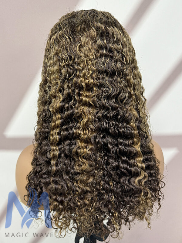 Falujące ludzkie włosy peruki dla czarnych kobiet 250% gęstość 4/27 kolor Hightlight Omber brązowe kręcone fala brazylijski peruka z włosów typu Remy