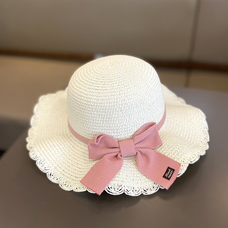 Summer Girls Beach Sun Hats Lotus Leaf Brim Cute Squinting Eyes Bowknot Outdoor protezione solare bambini Straw Cap Kids