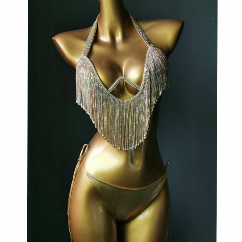 Stalowy uchwyt twardy kubek Bikini, z diamencikami i frędzlem srebrna błyszcząca bielizna, wysokiej gorset strój kąpielowy strój nocny dwuczęściowy zestaw