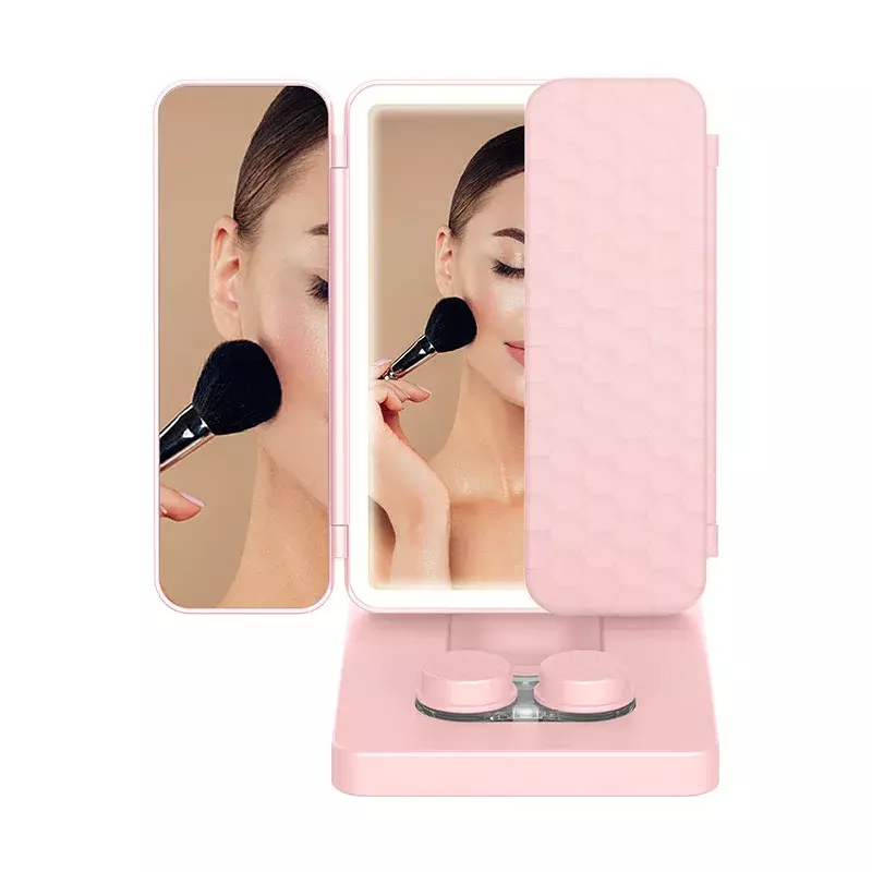 Folding makeup mirror with supplementary light, intelligent LED illuminated desktop vanity mirror, contact lens cleaner