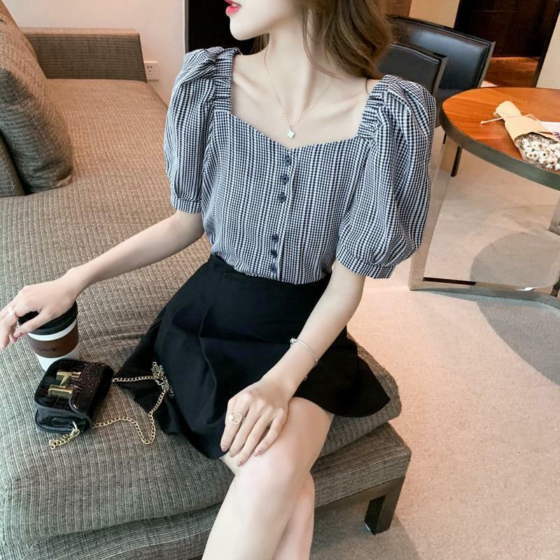 Women's Solid Color Summer New Fashion Commuter Blouses Square Collar Ruched Short Sleeve Single-breasted Plaid Printed Shirts