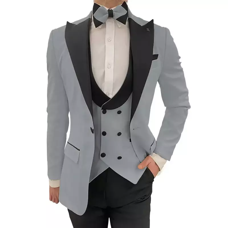 Conjunto de ternos smoking masculino de 3 peças, ajuste fino, lapela peaked, trespassado, blazer de casamento, colete e calça, ternos de baile, design clássico
