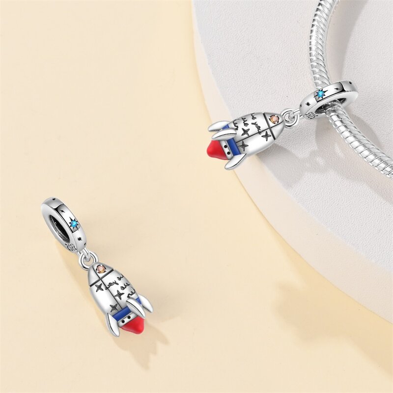 Abalorio brillante de cohete Love You para mujer, Plata de Ley 925, azul y rojo, compatible con pulsera Pandora, accesorios de joyería para propuesta de boda