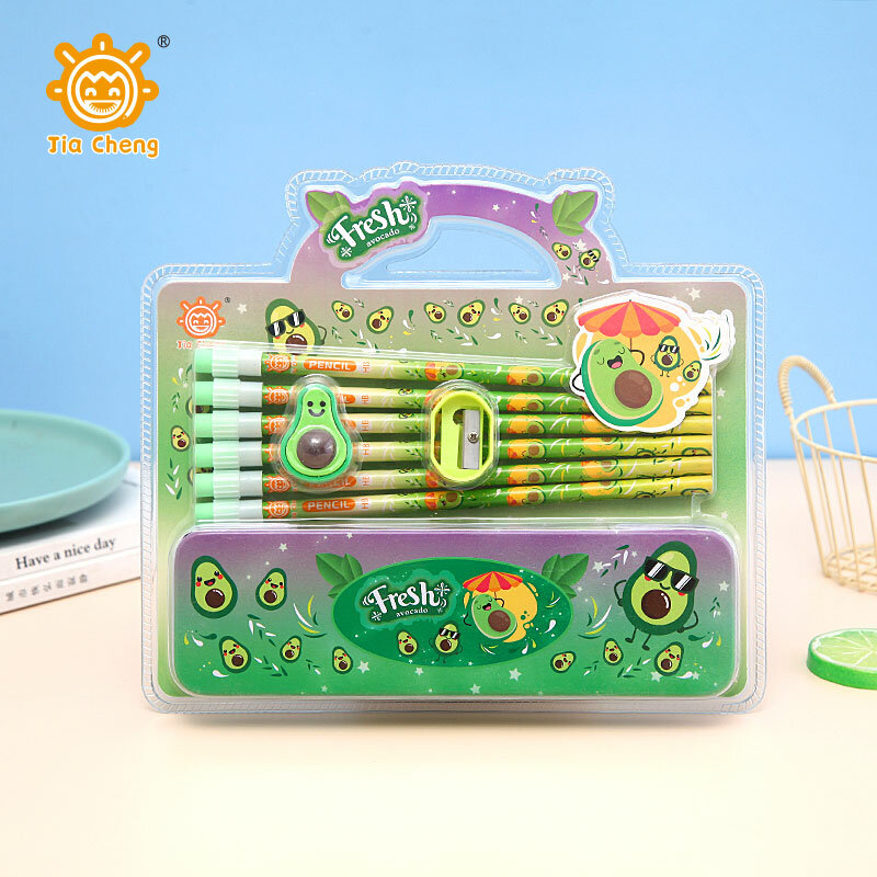 Pencil Stationery Set for Kids - Cartoon Pencil Stationery Set,With 1 Pencil Box，6 Pencils, 1 Rubber and 1 Pencil gripper