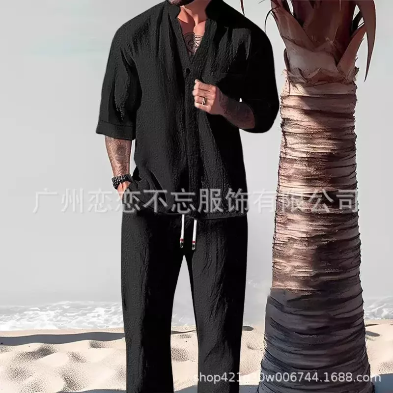 Summer Casual Cotton Linen Two Piece Men Set Fashion Loose V Neck Half Sleeve Tops and Trouser Suits Mens