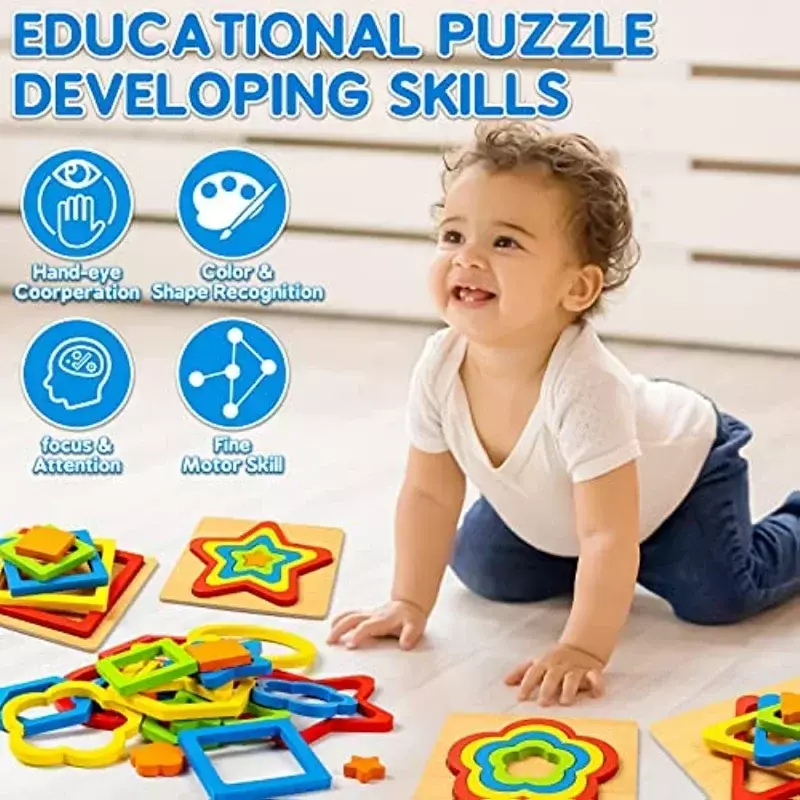 Montessori Shape Sorting Puzzle para crianças, Haste Sensorial de Madeira Pré-Escolar, Brinquedos Educativos para Crianças, Presentes Infantis