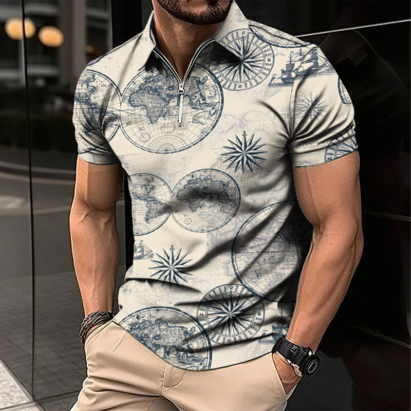 Camisa polo masculina de manga curta com zíper, estampada em padrões náuticos 3D, tops casuais, camiseta plus size, roupas de verão