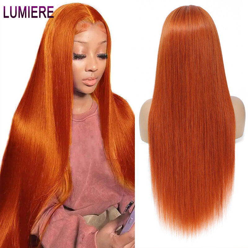 Lumiere wig renda depan untuk wanita, wig renda lurus transparan HD 13x4 jahe oranye dengan rambut bayi