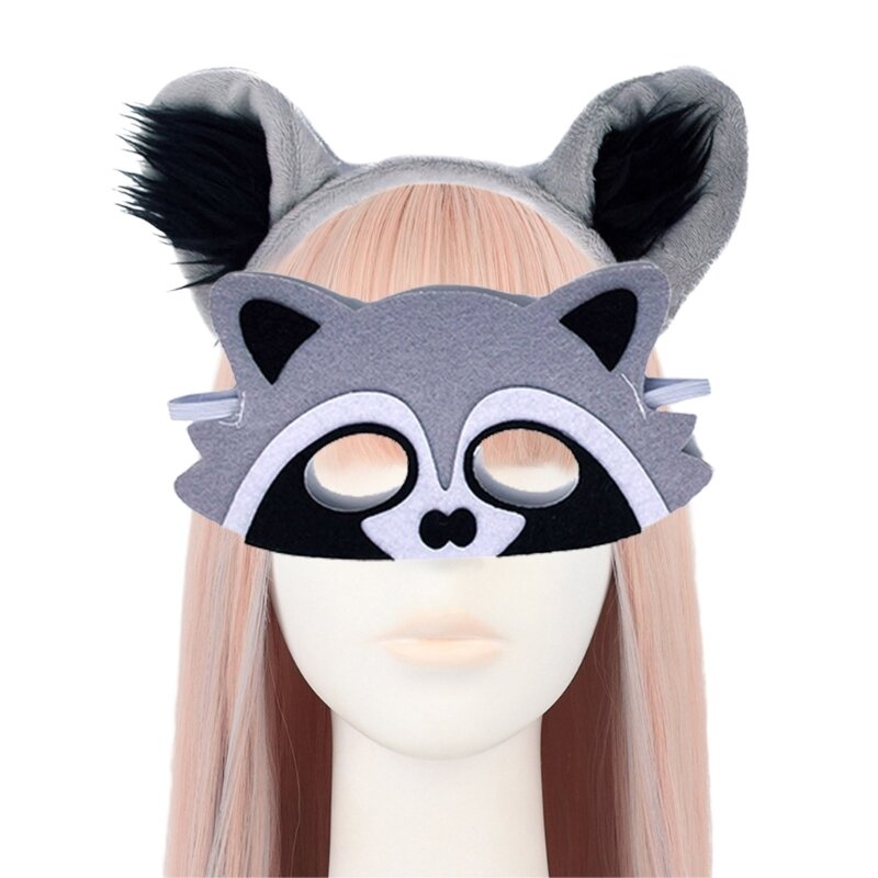 Animal Costume Raccoon Ears Headband Tail Mask for Halloween Cosplay Props