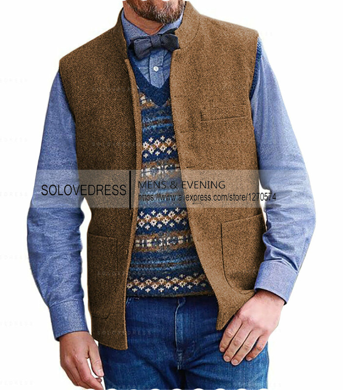 Cổ V Phù Hợp Nam Áo Sừng Trâu Tweed Tweed Công Việc Vest Áo Groosman Tiệc Cưới