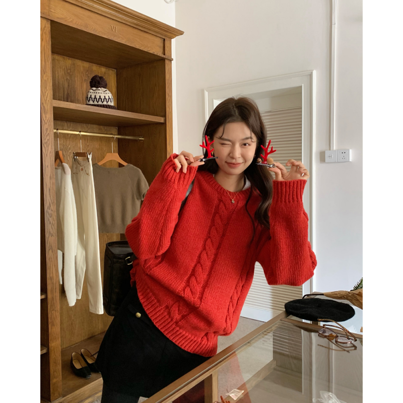 Women's Clothing Korean Blue Knitting Sweater Solid Long Sleeves Vintage Casual Fashion Baggy Ladies Spring Red Round Neck Tops