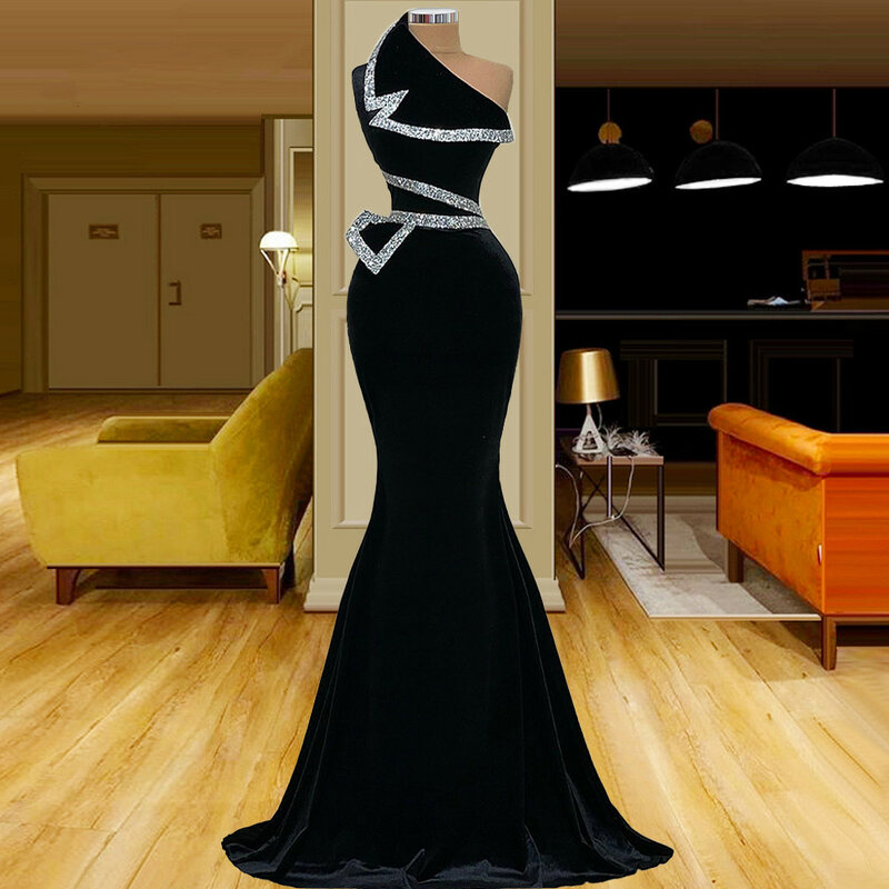 Abito da sera elegante da donna a sirena con una spalla in velluto nero abito da sera lungo da notte per feste formali di lusso personalizzato Robe 2023 Robes De