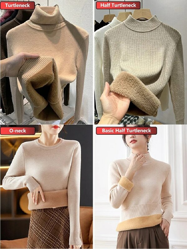 Зимний теплый свитер, пуловер, Женский облегающий плотный плюшевый вязаный джемпер с бархатной подкладкой, корейские мягкие вязаные топы с высоким воротником