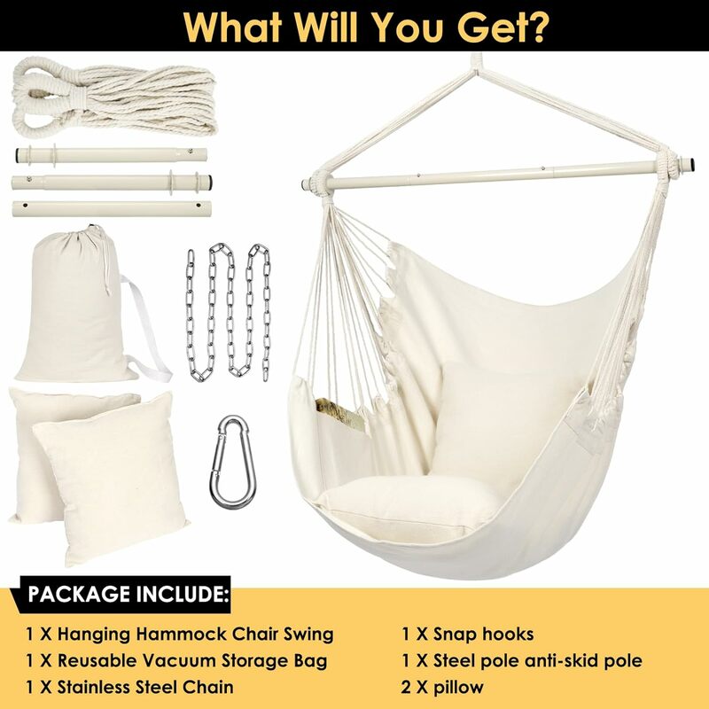 Y- STOP Hammock Chair Hanging Rope Swing, Max 320 libbre, 2 cuscini di seduta inclusi, sedia sospesa con tasca
