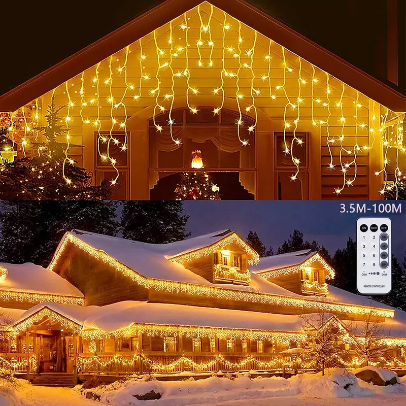 Cortina de luces Led de carámbano para decoración navideña, guirnalda de calle para exteriores, casa, invierno, boda, Año Nuevo, 2023, 2024 V, UE, 220