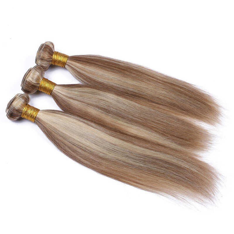 Bundel jalinan rambut Highlight dengan tanpa penutupan ekstensi rambut pirang madu lurus Remy Brasil kain untuk wanita 3 buah/lot