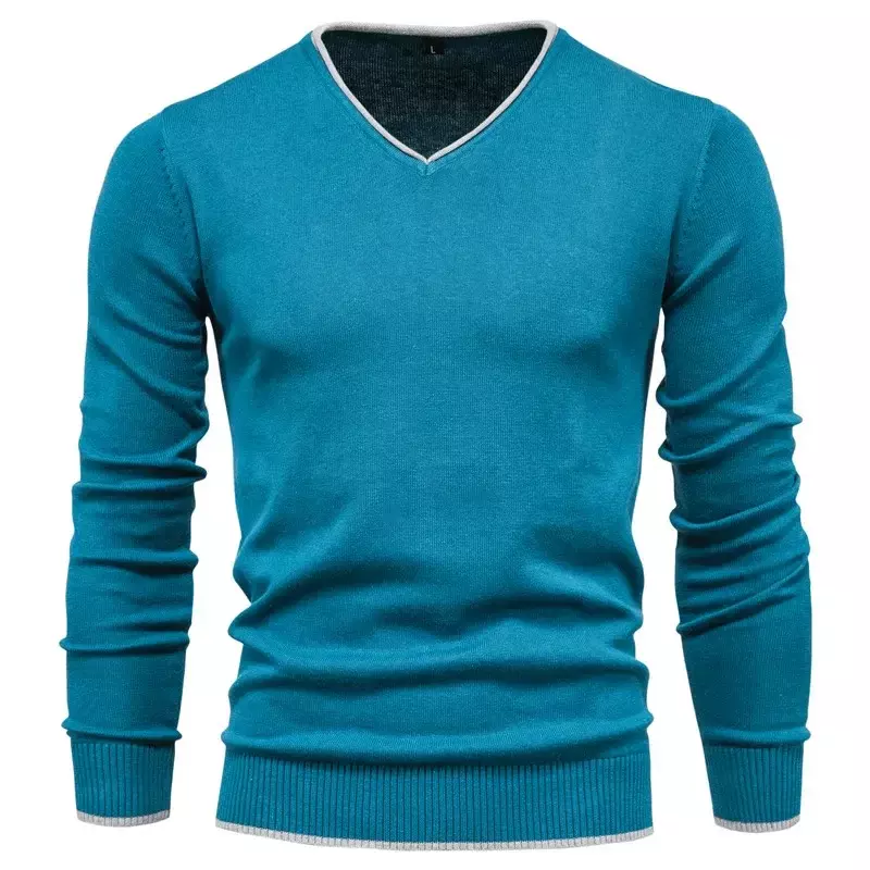 Suéter de algodón de manga larga para hombre, prendas de punto de Color sólido, jersey con cuello en V para jóvenes, modelos casuales delgados, primavera y otoño, nuevo