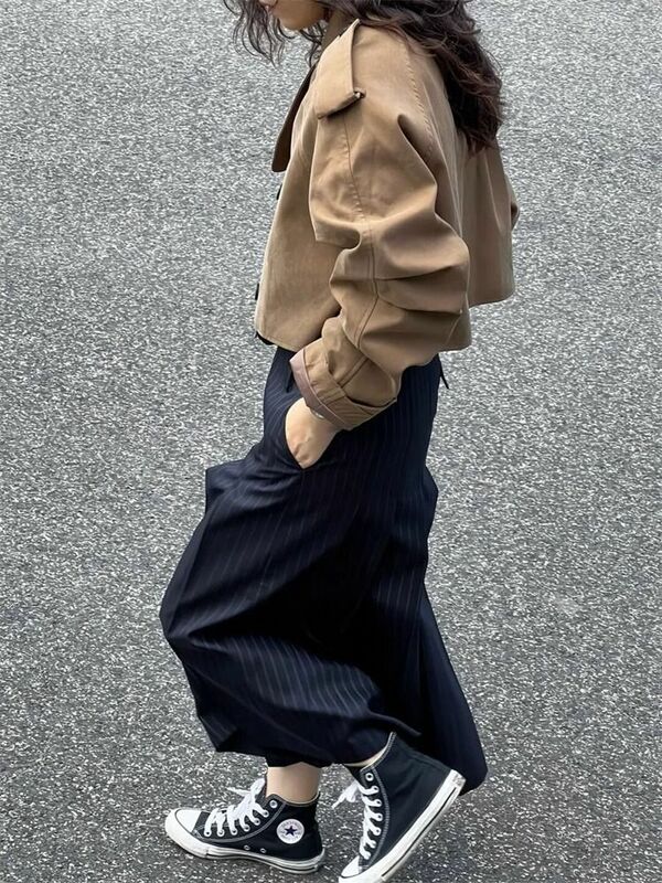 Rok A-line bergaris pinggang tinggi wanita, Y2K pakaian jalanan warna kontras rok mode desainer asimetris 2023