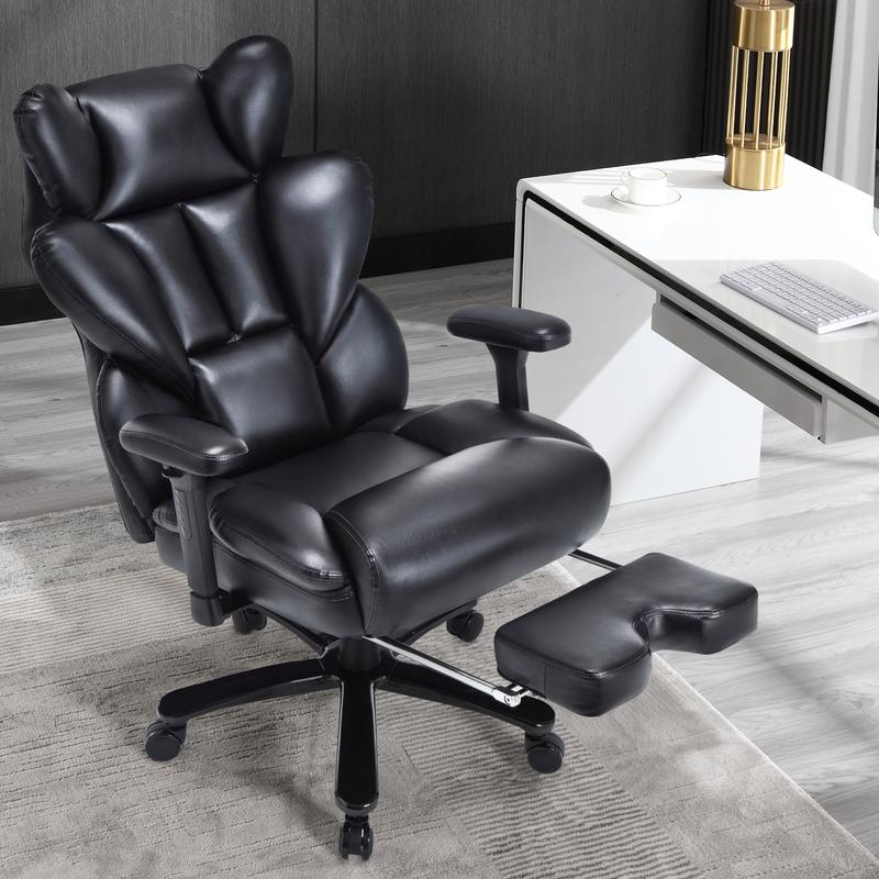 Silla de oficina grande y alta con respaldo alto, sillón reclinable ejecutivo de cuero PU brillante con reposapiés retráctil y reposabrazos acolchado elevable