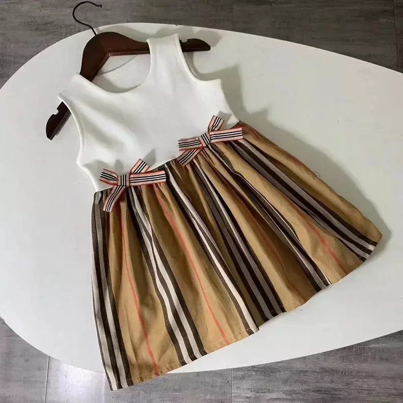 summer Fashion England Mattresses kids girls clothes Short sleeve stitching plaid striped baby girls princess dress 2-10 years