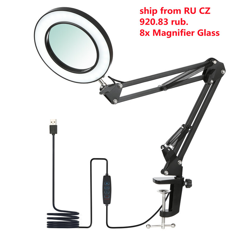 Clamp-on Foldable Desk Lamp Large 5X USB LED Magnifying Glass 3 Colors Dimmable Illuminated Magnifier Lamp Reading/Soldering