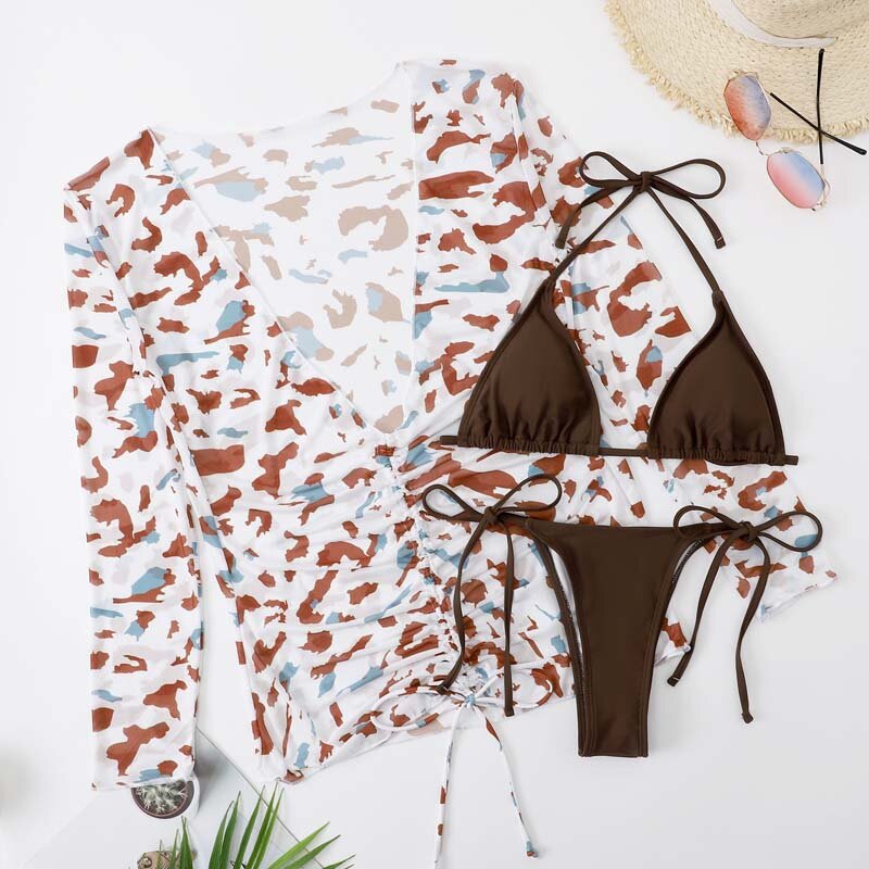 Conjunto de Bikini de manga larga para mujer, bañador triangular brasileño, ropa de baño deportiva Sexy para verano, 3 piezas, 2022