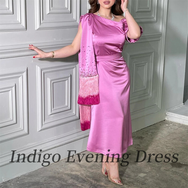 Indigo Fuchsia Satin Evening Dresses One Shoulder Beads Tassel Women Ankle-Length Formal Patry Saudi Dress 2024 فساتين السهرة
