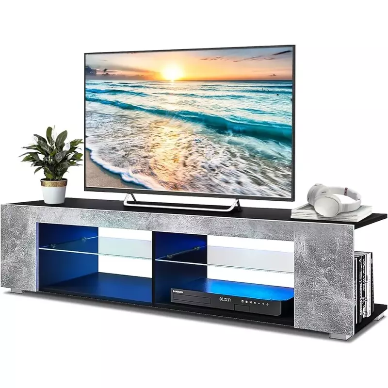 Armario de Tv con luces LED, consola de TV pequeña, mesa de medios con estantes de vidrio y estantería lateral oculta para soporte de sala de estar