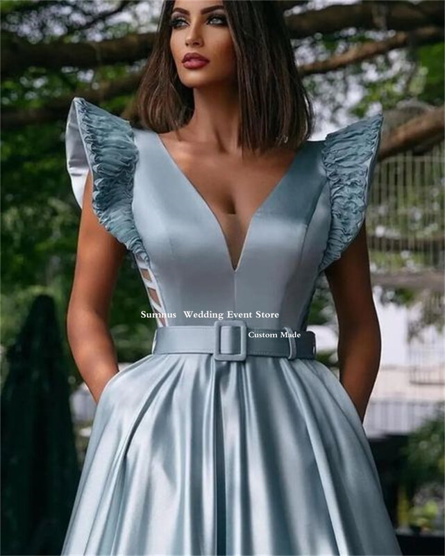 Sumnus azul vestido de baile do vintage 2022 mancha v-decote plissado com bolso longo vestidos de noite formais de noche moda