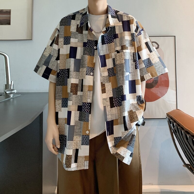 Camisa de vestir de manga corta para hombre, blusa holgada hawaiana con estampado Vintage coreano, ropa de diseñador de verano, 2024